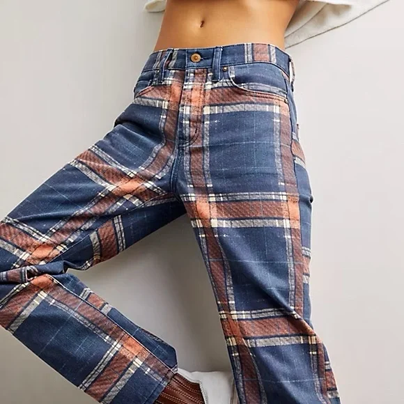 Free People Baker Plaid Boyfriend Jeans size 25 - Picture 1 of 4